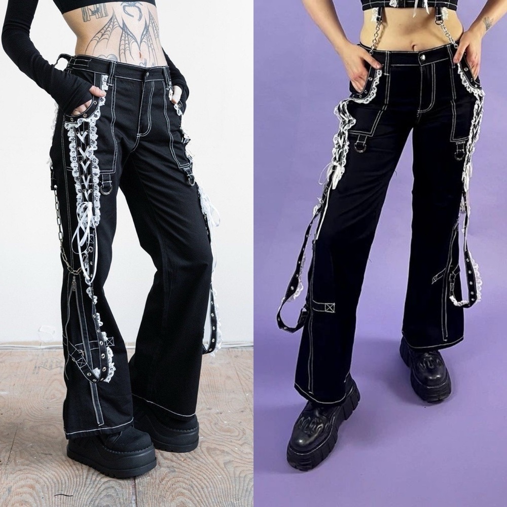 Tripp NYC Lolita Bondage Pants Lace Trim Chains Black White 25 EUC